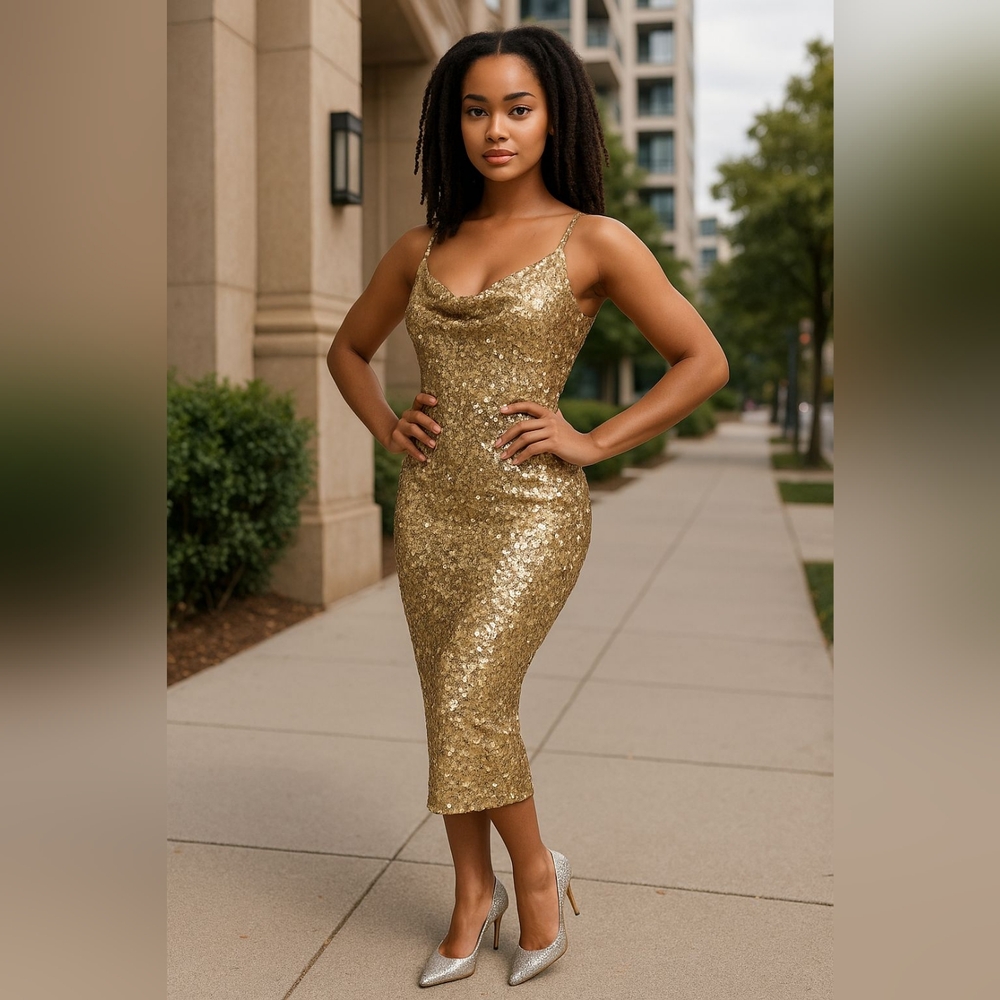 Fashion Nova Gold Sequin Bodycon Midi Dress